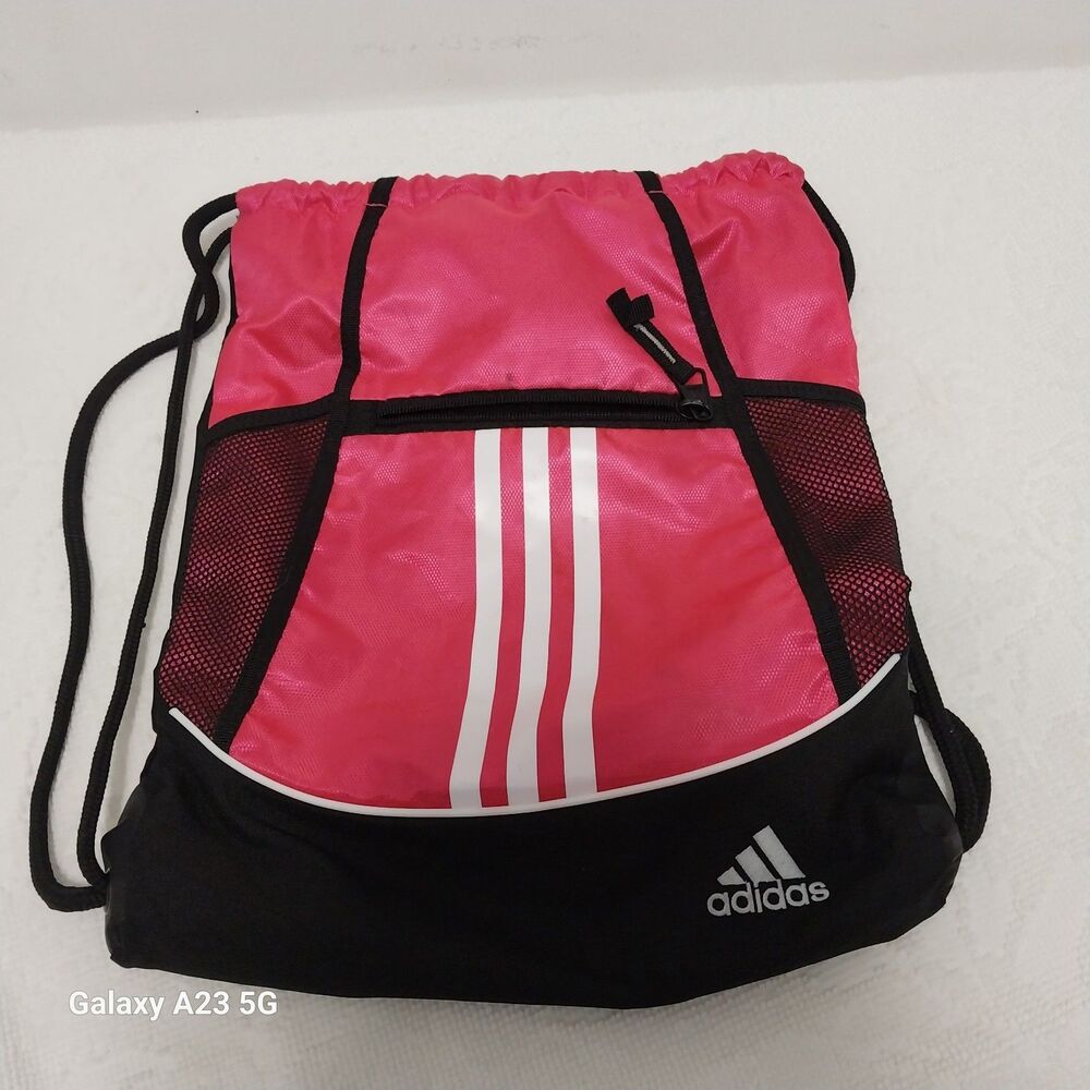 Adidas Pink Black Drawstring Gym Bag Sports  Polyester Outer Pocket Lightweight